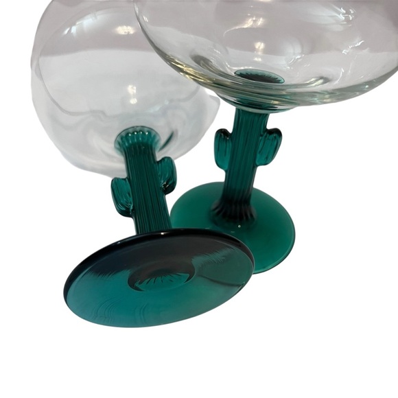 Libbey Cactus Margarita Glasses Set of 2 Green Stem Southwestern Barware - Picture 3 of 3